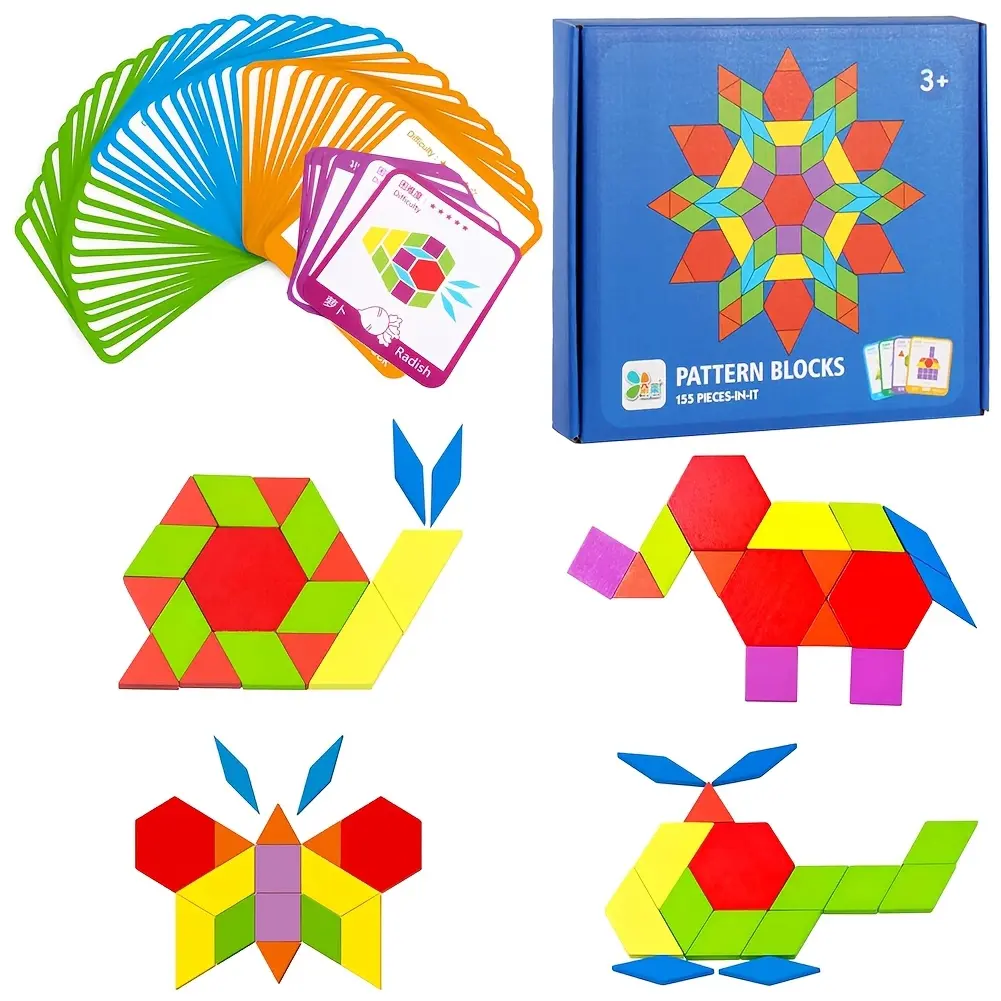155pcs Wooden Pattern Blocks Set - Geometric Shape Jigsaw Puzzle - Learning Educational Tangram STEM Toys for Kids - with 24pcs Flash Cards - Wooden Toys Birthday Christmas Gift Boys Girls