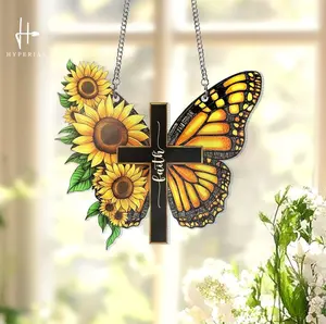 Faith Cross with Butterfly and Sunflower, Monarch Butterfly Suncatcher, Butterfly Lover Gift