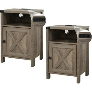 Vabches Nightstands Set of 2, Farmhouse End Tables with Charging Station, Bedside Tables with Barn Door and Shelf, Rustic Living Room Bedroom Side Table