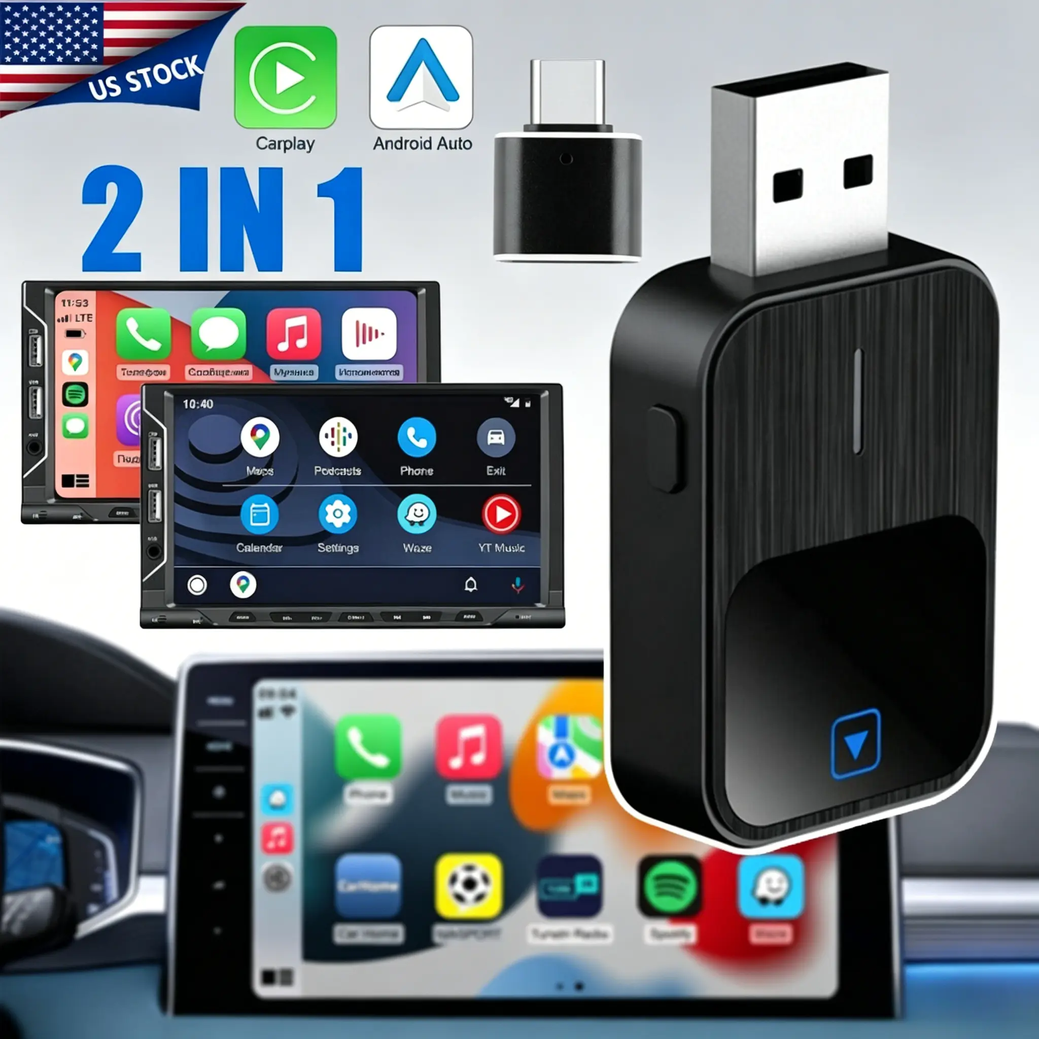 2in1 Wireless CarPlay & Android Auto USB Dongle - Abs Alloy, V5.2 Bluetooth, Car Use In-Vehicle Navigation Player with Mirror & Audio Support for All Cars, Carplay Dongle Connectivity, Wireless Carplay Adapter
