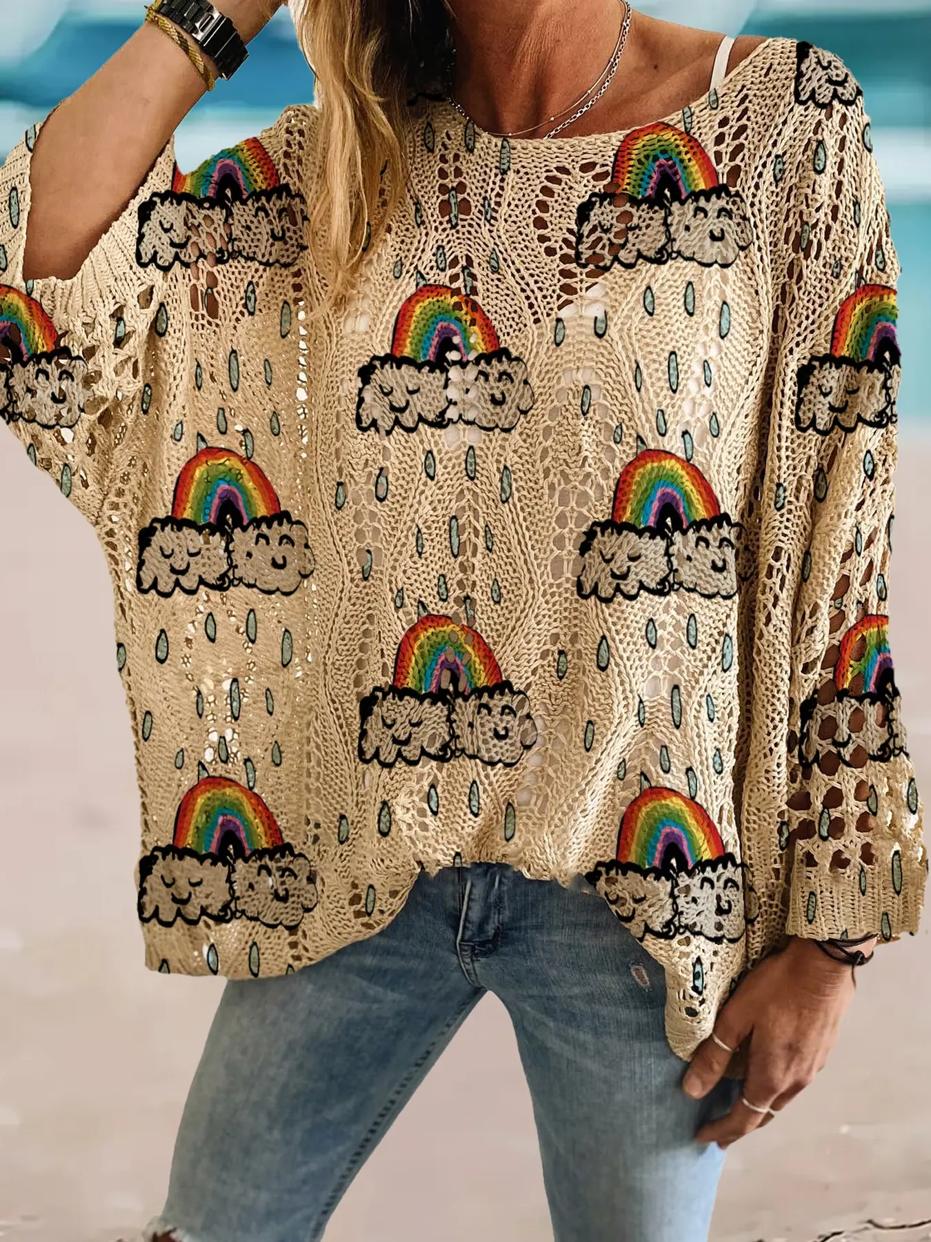 Women's Rainbow Print Long Sleeve Knit Top Knitwear, Casual Elegant Chic Vacation Style Sweater, Loose Oversized Batwing Shoulders, Short, Spring & Fall Fashion