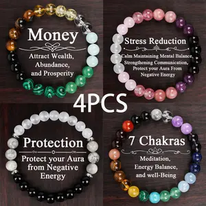 4 PCS Natural Stone Bracelet for Women Men Amazonite Howlite Beaded Bracelet Yoga Meditation Jewelry Gift Money Stress Reduction Protection 7 Chakras