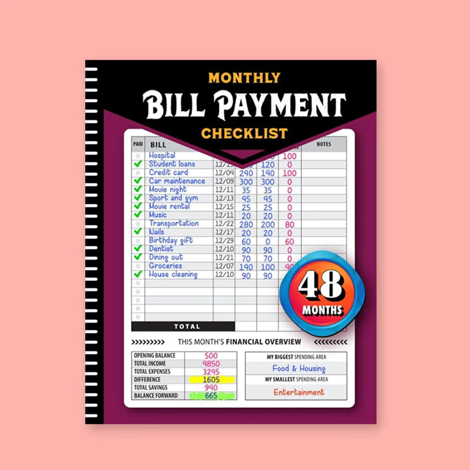 Monthly Bill Checklist Planner for Financial Planning - Simplify Financial Life, Track Payment Dates, Due Amounts, Paid Status, Income, Expenses, Debt, Savings (Office Stationery Personal Organiser)