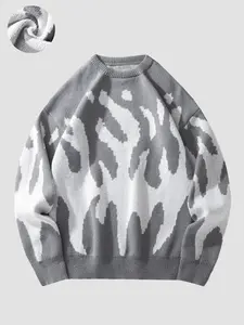 Vintage Flame Print Crew Neck Sweater - Fitted Knit Pullover with Abstract Pattern, Multi-Color Options, Unisex Streetwear Fall/Winter Essential