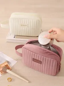 Quilted Makeup Bag With Handle, Soft Plush Cosmetic Pouch, Large Capacity Travel Toiletry Bag For Women Girls, Portable Multi-Purpose Daily Organizer For Skincare Brushes Lipsticks, Cute Pink Makeup Organizer, Holiday Gift For Christmas Thanksgiving