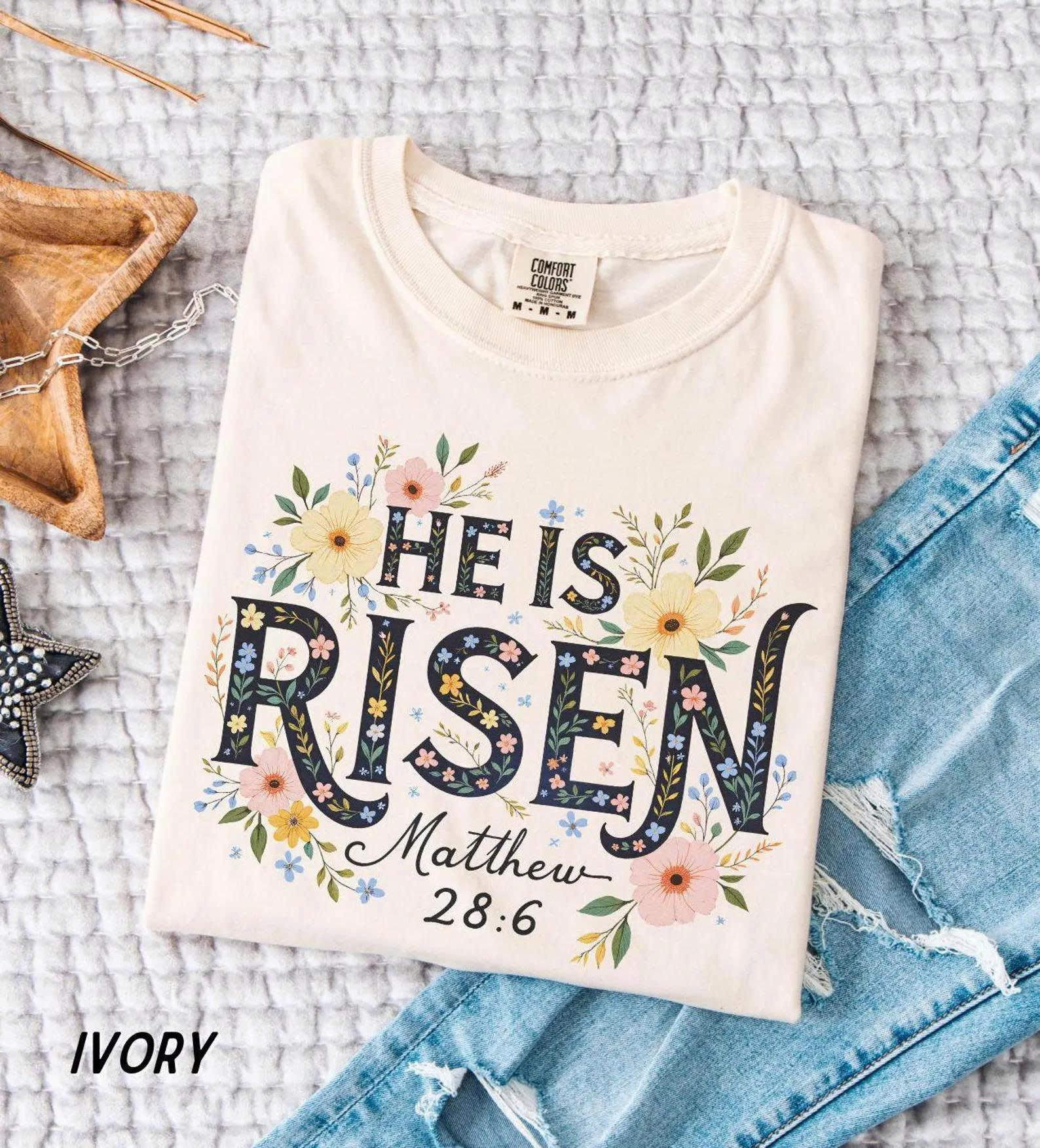 Comfort Colors He is Risen Christian Shirt, Floral Easter Shirt for Women, Cute Spring Jesus Apparel, Religious Faith Flower Tee, Easter Gift
