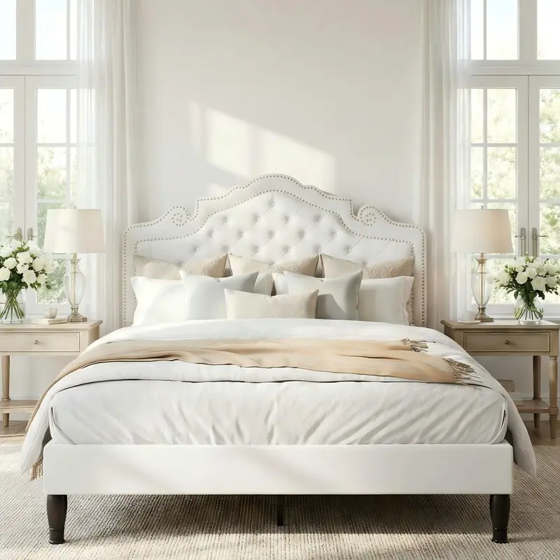 MUTICOR Royal Style Bed Frame with Adjustable Velvet Tiara Headboard【Frame Only No Mattress】 Upholstered Button Tufted Design,Wood Slats Support, No Box Spring Needed,Full/King/Queen Bed Frame