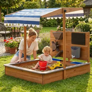 Linor Kids Wooden Sandbox with Roof, Canopy, Adjustable Cover, Sand Funnel, and Drawing Board for outdoor fun in the backyard or beach