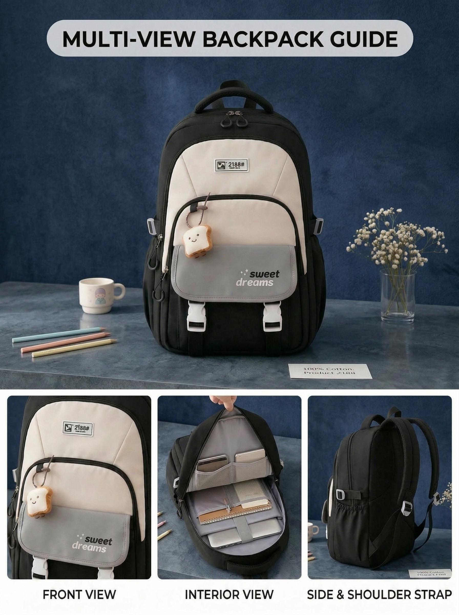Large Capacity Laptop Backpack for College Students  | Waterproof School Bag | Cute Toast Charm & Multi-Color Options