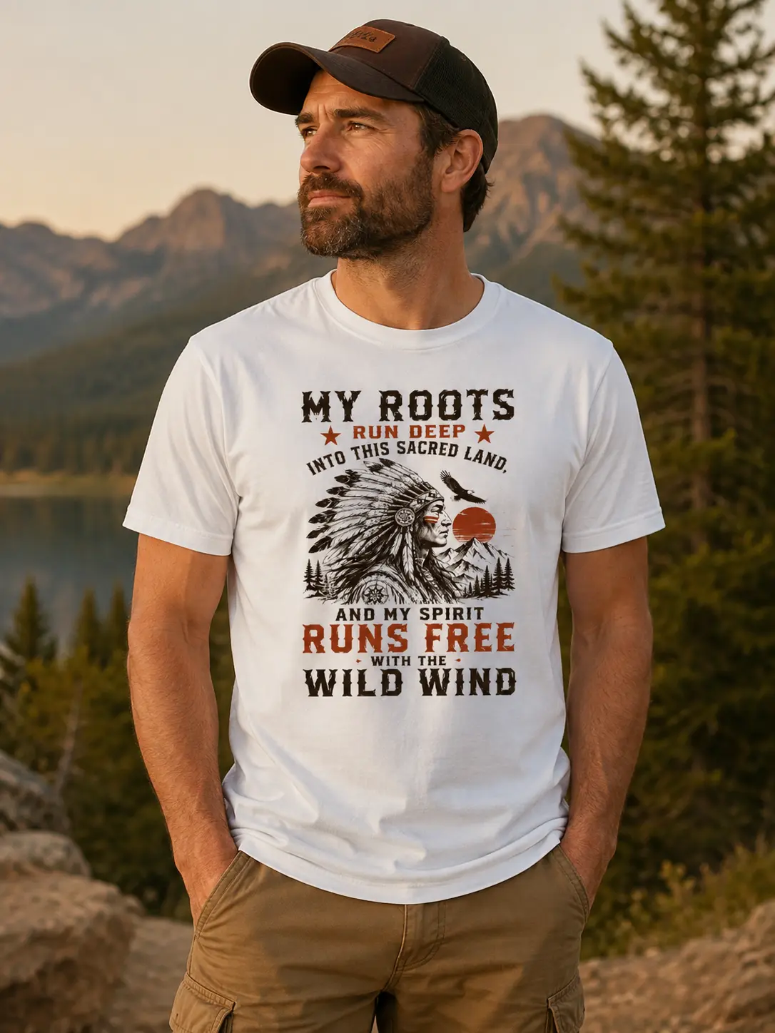 Men's Casual Short-Sleeve Cultural T-Shirt - Native American Inspired Sacred Land Graphic Top, My Roots Run Deep Eagle Design, Heritage Nature Statement Gift