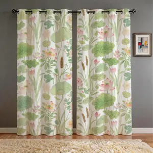 Watercolor Lotus Pond Curtains 2 Panels, HD Digital Printed Curtains, 80%-90% Light Blocking Darkening Curtains, Easy to Install Decorative Curtains for Living Room Bedroom Home Decor