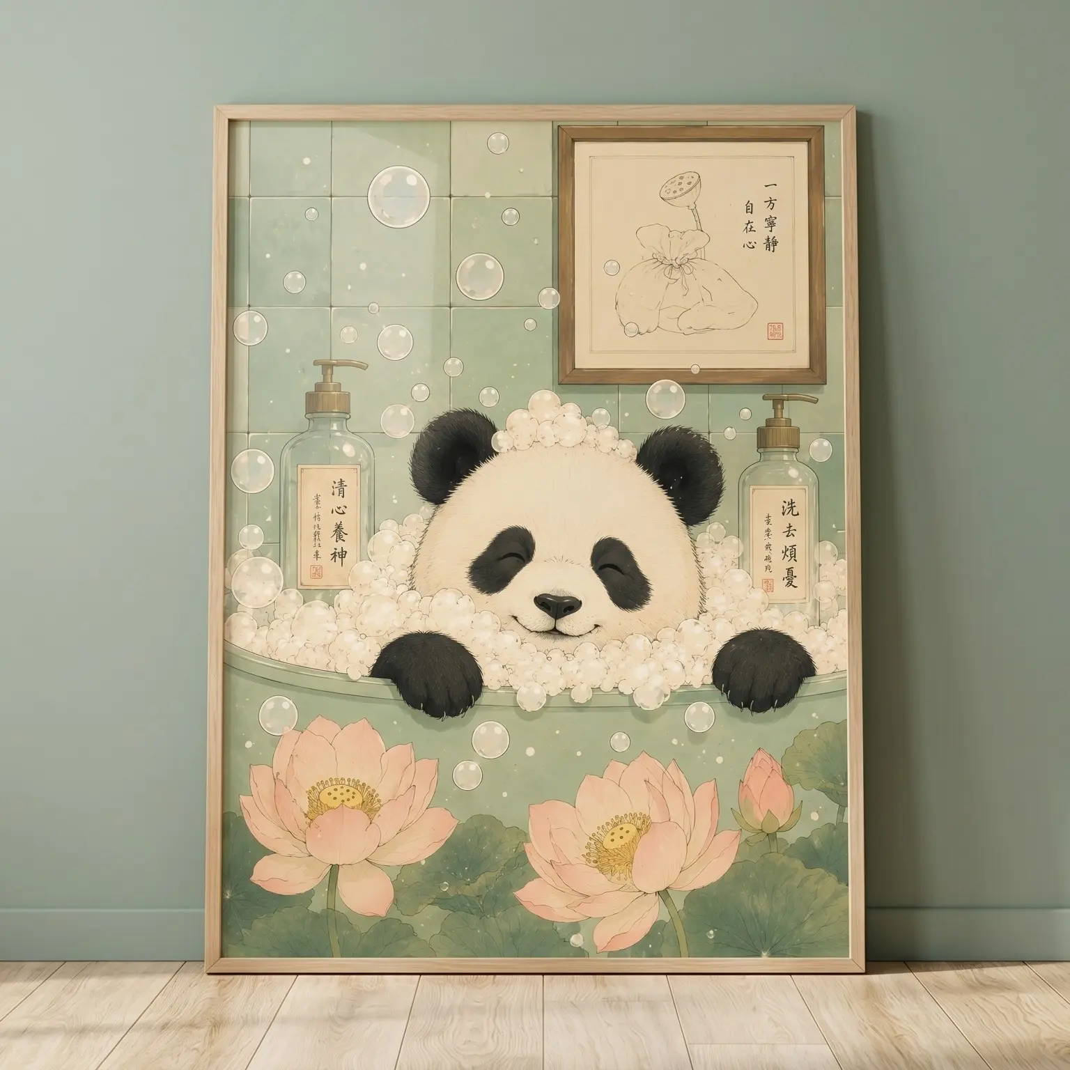 Vintage Panda Bathroom Unframed Poster, Japanese Style Lotus Flower Bubble Bath Wall Art, Cute Animal Print, Premium Hybrid Paper for Restroom & Spa Decor