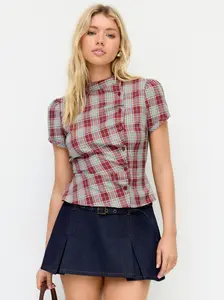 Plaid Stand Collar Puff Sleeve Tie Back Button Blouse