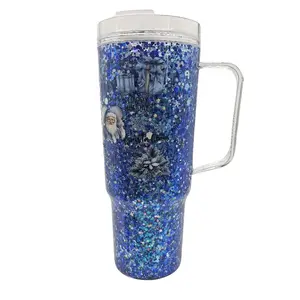 40oz Santa Glitter Snow Globe Tumbler with Festive Design and Handle for Holiday Beverages