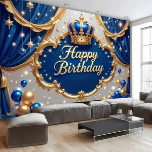 Blue Crown Birthday Party Background Banner, Polyester Fabric, Balloon Design, Adult or Kids Birthday Decor, Anniversary, Holiday Party Decoration