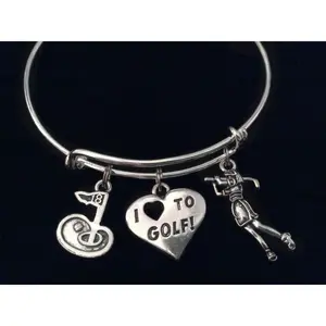 Love to Golf Expandable Silver Charm Bracelet Adjustable Wire Bangle 18th Hole Woman Golfer