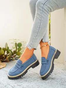 New Women's Spring Fall Pu Leather Loafers Large Size Casual Shoes, Matte British Style Thick Heel Retro Slip-On Single Shoe