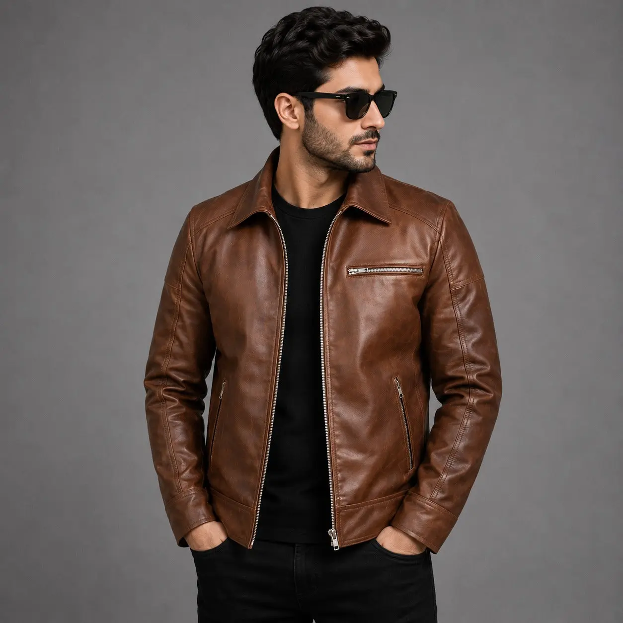 Brown Shirt Collar Vintage Leather Jacket Classic Coats