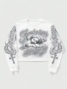 Men's Street Casual Style Vintage Angel Print Sweatshirt Pullover, Rhinestone Craft + Unique Design, Cropped Loose Fit, Spring & Fall Fashion, Fabric