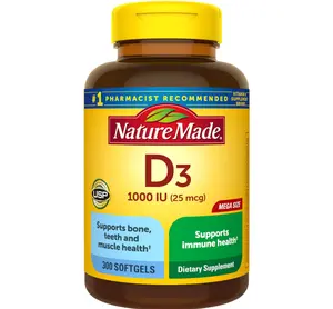 Nature Made Vitamin D3 1000 IU (25 mcg), Vitamin D Supplement for Bone, Teeth, Muscle and Immune Health Support, 300 Softgels, 300 Day Supply