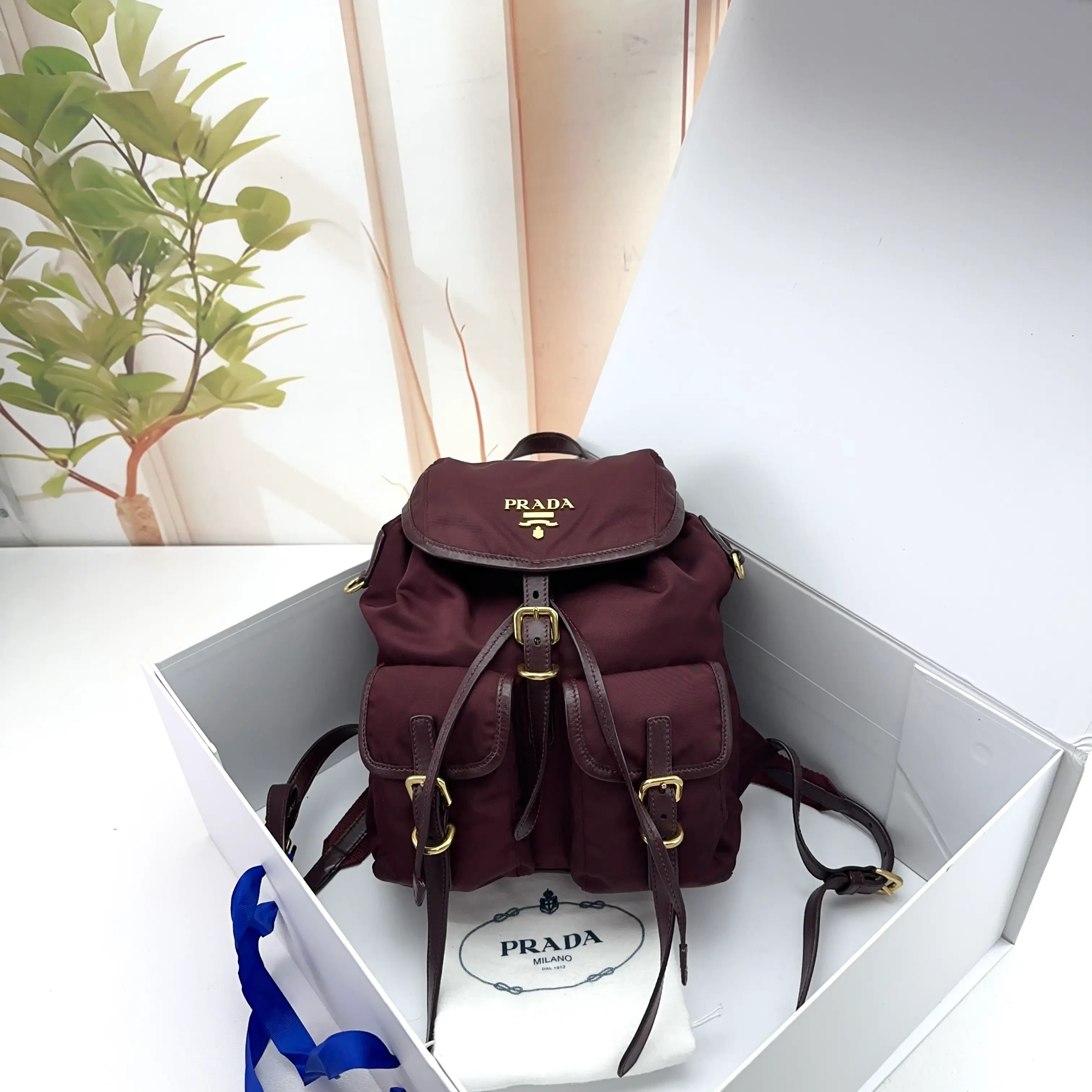 Pre-owned BURBERRY Burgundy Nylon Leather Trim Pocket Backpack 0805raye 20159684