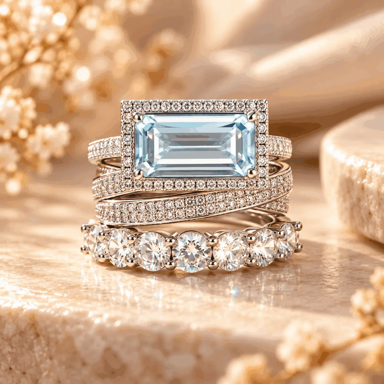 Women's 3-Piece Stackable Zircon Copper Ring Set - Geometric Layered Statement Rings, Light Blue Rectangular Center Stone & Clear Zircon Accents, Sizes 6-10, Daily Wear & Gifting Costume Jewelry