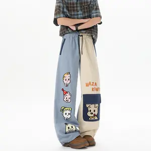 Men's casual pants, contrasting color design, large pockets, cartoon pattern, loose straight-leg style, plus sizes.