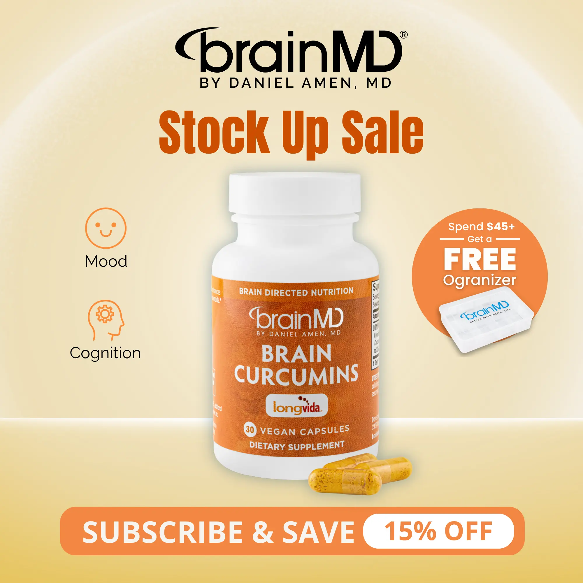 Brain Curcumins | BrainMD | 30 Capsules | Memory, Mood & Cognitive Support | Brain Antioxidant & Inflammatory Response Support | Longvida Optimized Curcumin