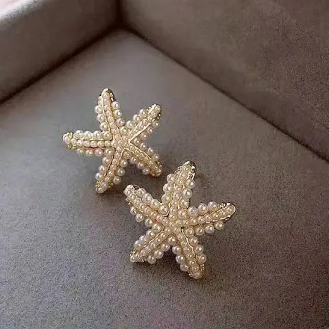 Women's Ocean-Style Starfish Earrings with Faux Pearls Embellished, Imitation Pearl, High-Quality Earrings, Elegant Jewelry Accessory for Daily Wear, Vacation and Holiday Gifts, Fashion Earring, Summer Accessory, Oceanic Inspiration, Elegant Design