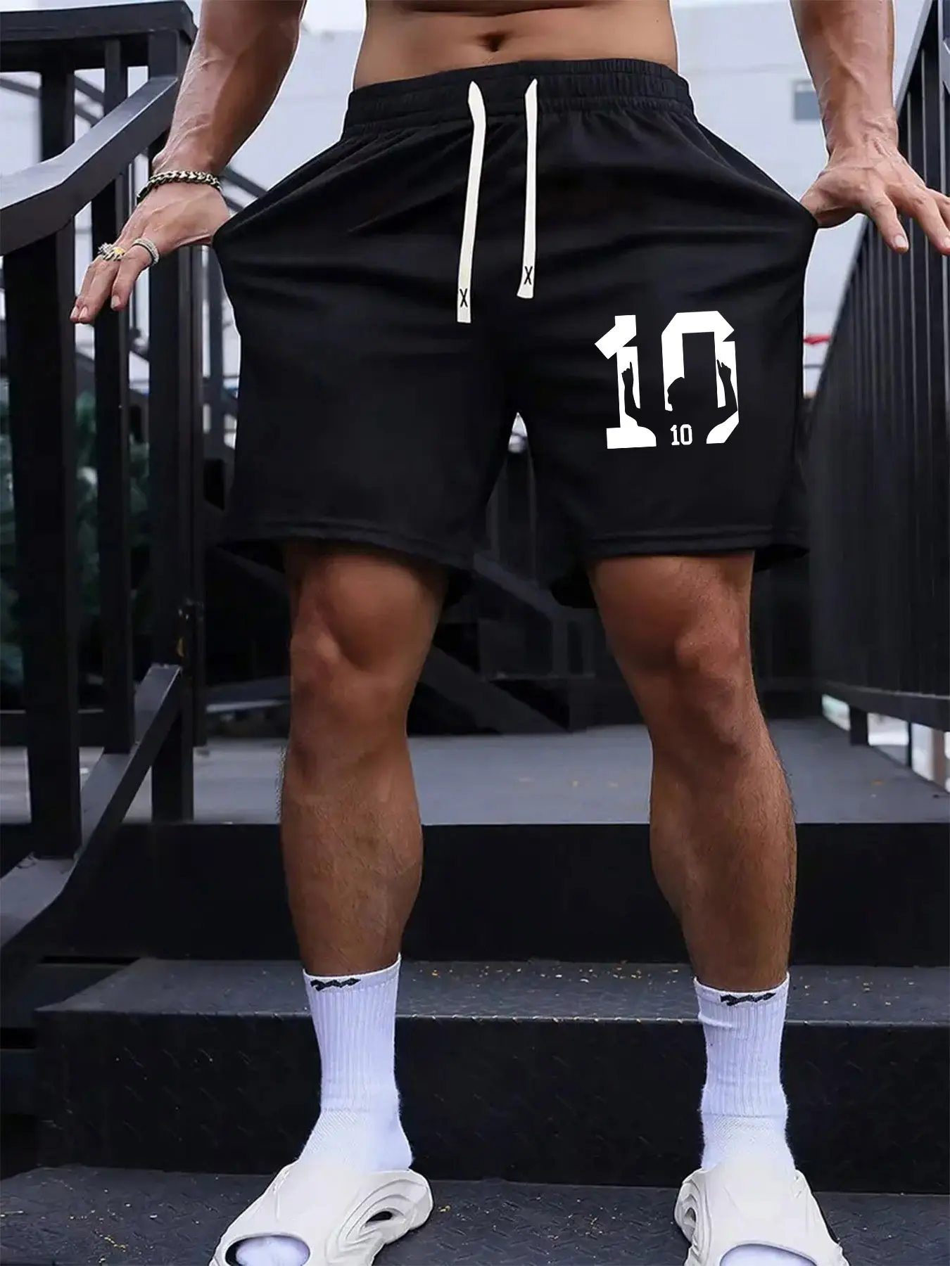 Men's #10 Soccer Legend Athletic Shorts, Lightweight Breathable Shorts - Number 10 & Player Silhouette Print Black Drawstring Shorts, Soccer Streetwear, Athletic Sport Shorts, Breathable Mesh Loose Fit, Perfect for Game Days, Street Style and Summer Wear