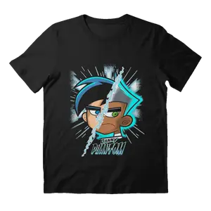 Danny Phantom Split Face Going Ghost Transformation Tee, Black Unisex Cotton Fabric Tee, Casual Menswear, Crewneck Streetwear Shortsleeve Top Tee