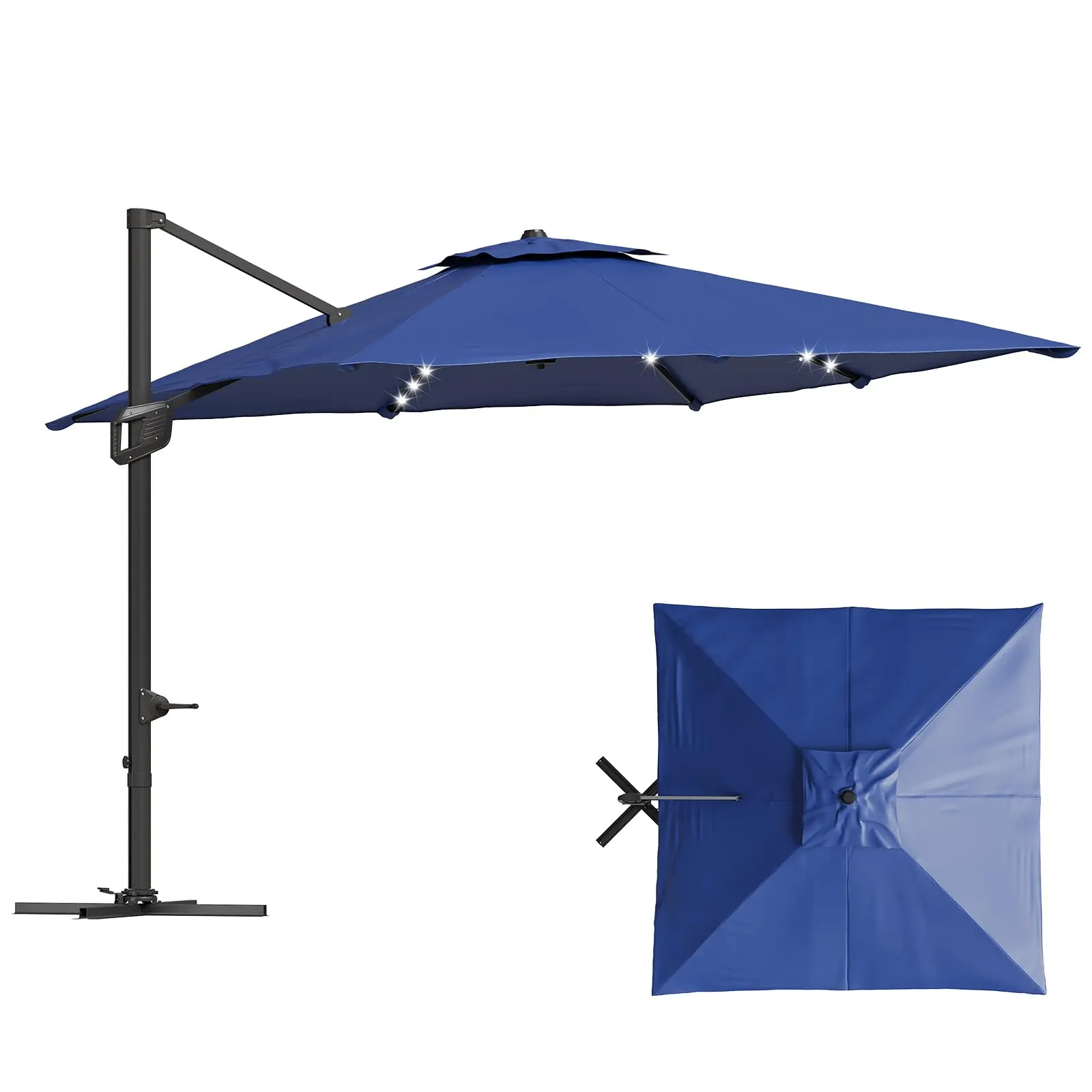 YJ-Garvee 10ft Square Cantilever Patio Umbrella with Base Included, Solar LED Lights, 2-Tier Heavy Duty Offset Outdoor Umbrella 360° Rotation for Patio Deck Backyard Pool,Navy blue