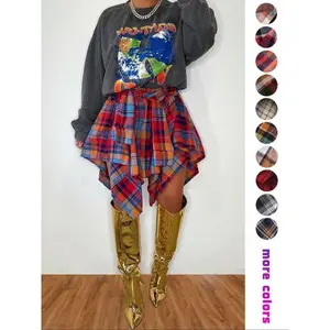 Women's Fashion Style Plaid Print Asymmetrical Hem High Waist Skirt, Casual Comfort Elastic Waist Tiered Layer Knee Length Skirt for Summer Going Out Streetwear, Fashionable Trendy Plaid Skirt, Womenswear Everyday Bottom