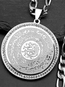 Stainless Steel Muslim Islam Quran Allah Crystals Chain Religious Pendant Necklaces for Women Men Gold Color Round Medal Punk Gift