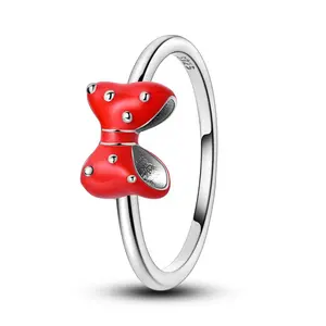NARMO S925 Silver Minnie Bow Ring - Red Enamel Bow Band, White Gold Plated, Cute Cartoon Style Jewelry for Women, Teens, Girls, Perfect Gift for Birthday, Christmas, Valentine's Day