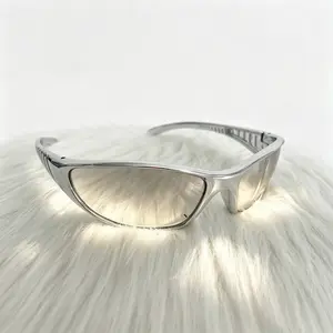 Y2K Futuristic Wrap-Around Sunglasses for Women, Shiny Silver Metallic Frame, Gradient Mirror Lens, UV400 Protection, Cyber Streetwear Sport Eyewear