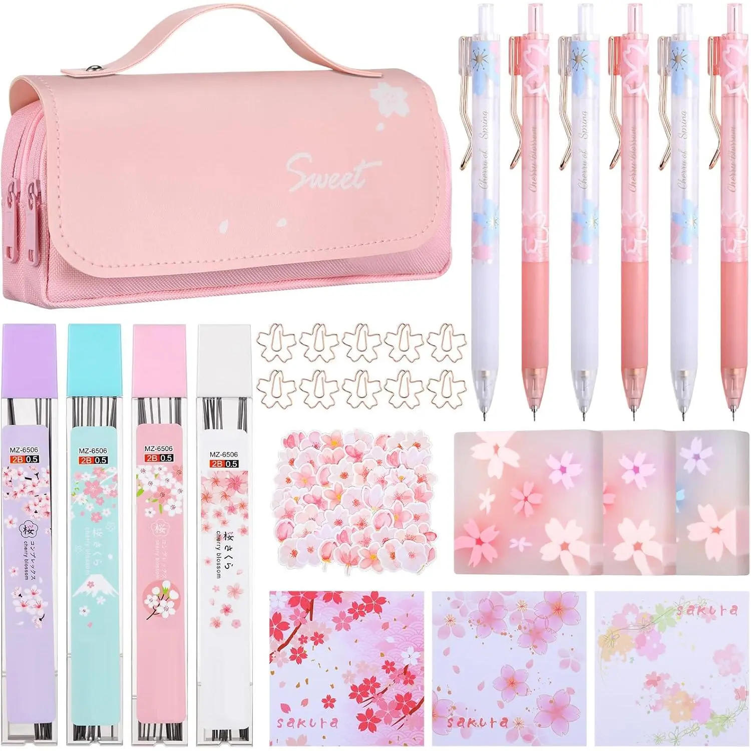 74 count Kawaii Cherry Blossom Stationery Set  Kawaii Pencil Bag Mechanical Pencil Cherry Erasers Pencil Refill and Stickers for Office Party Favors()