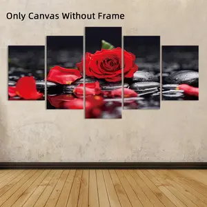 Set of 5 Unframed Modern Red Rose Flower Canvas Posters, Modern Wall Art, Waterproof Canvas Wall Art, Artwork Wall Painting For Gift, Wall Picture for Living Room, Bedroom, Dining Room, Corridor, Home And Dormitory Decoration