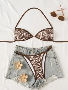 Two-Piece Women's Bikini Set, Sexy Fashion Animal Print Zebra Pattern, Adjustable Backless Swimwear for Beach Pool Party Music Festival