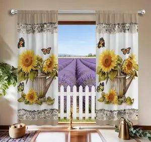 2D Flat Design, Set of 2 Pieces, 2D Flat Printed, New Style Yellow Fashionable High-End Sunflower & Butterfly Pattern Decorative Window Sill Curtains, Ideal for All Seasons, Perfect for Farmhouses, Kitchens, Offices, Studies, Living Rooms and Casual Home