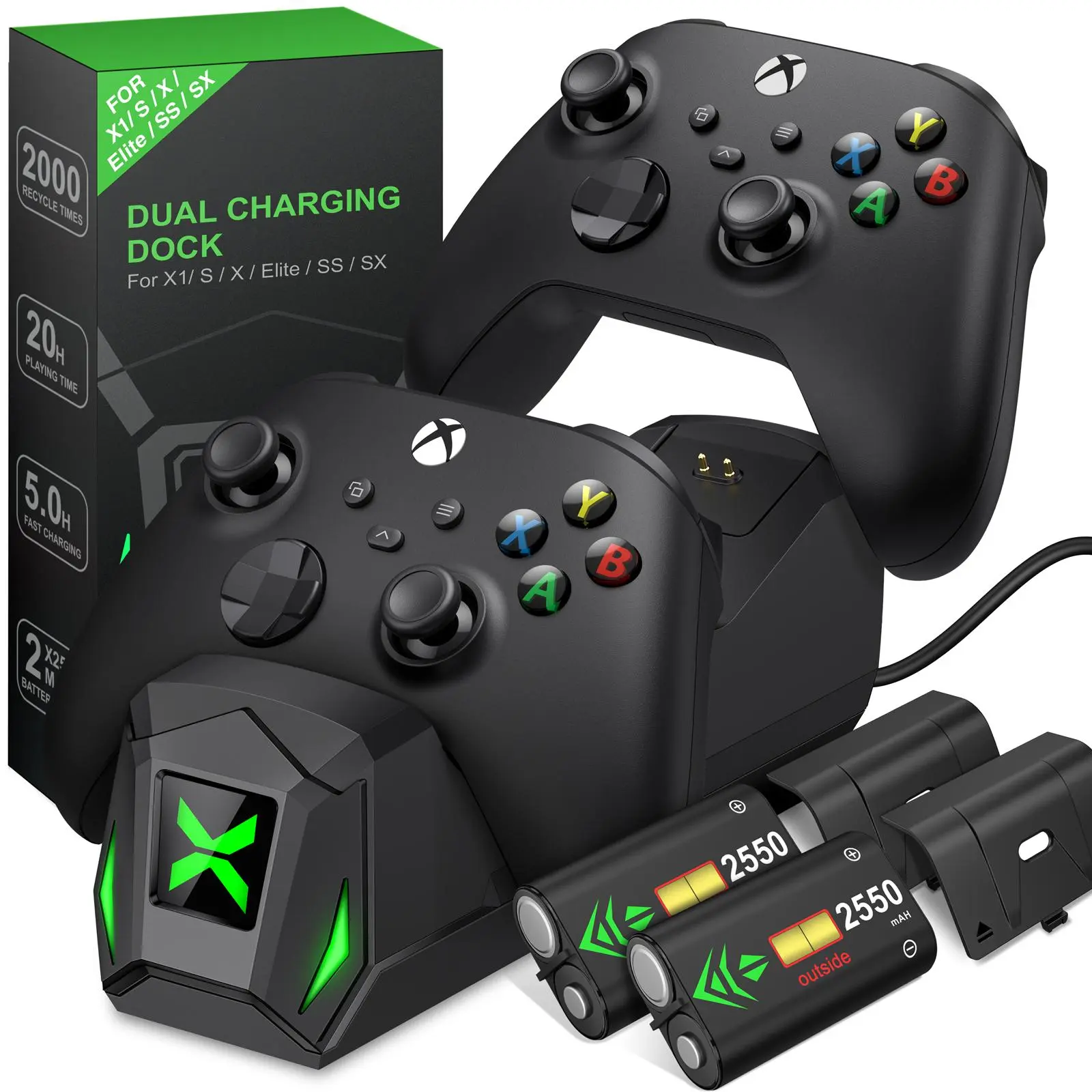 ESYWEN Type-C Charger Dock For Xbox One/Xbox One S/X/Xbox Series X/S Wireless Controller + 2 x 2550mAh Rechargeable Battery With Covers