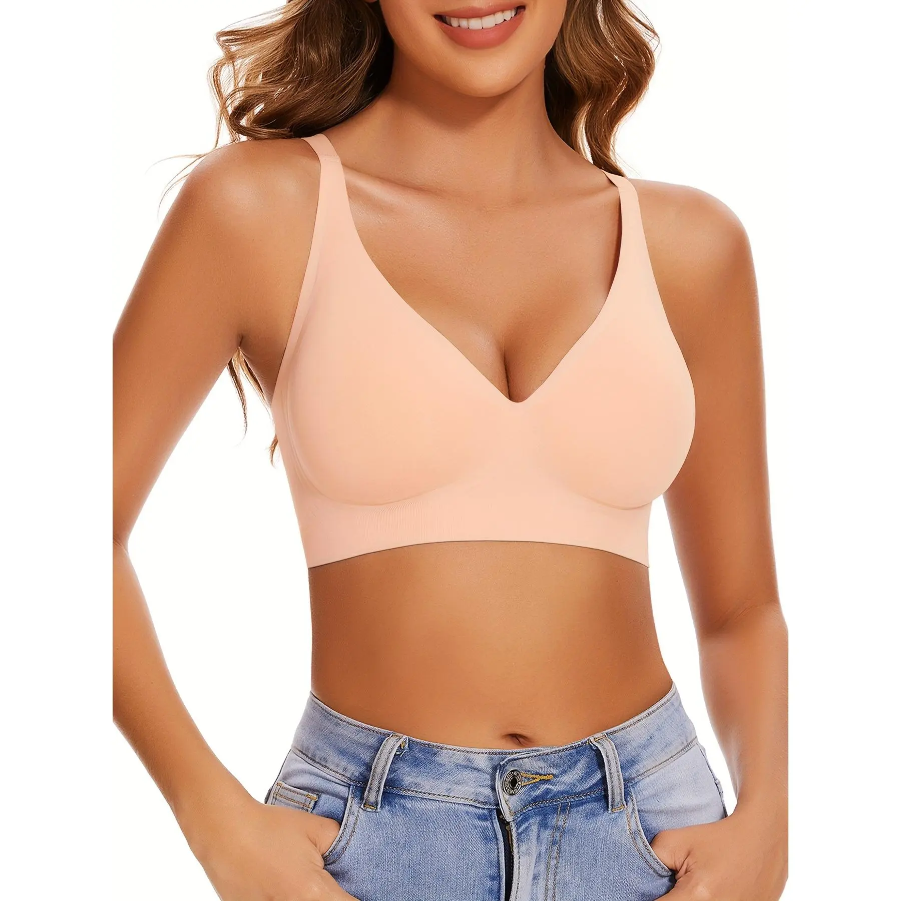 Elegant Wireless Honeylove Bralette Bra, Comfy & Breathable Full Coverage Push Up Intimates Plunge Bra, No Underwire Deep V Smooth Bra, Women's Lingerie & Underwearh