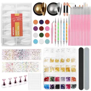 Acrylic Fake Nails Kit for Beginner - Press On Nail Supplies with Clear Almond Tips Chrome Powder Nail Stand Nail Art Brushes Dotting Pen Glitter Sequins Sticker Rhinestones