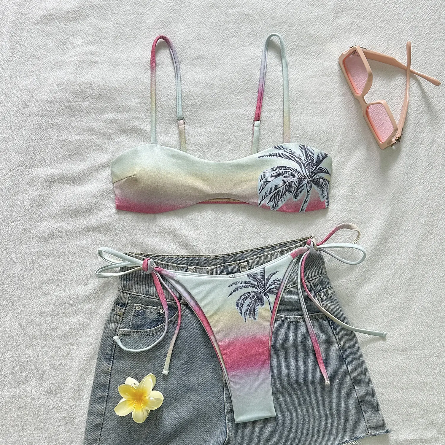 2026 Gradient Shiny Coconut Tree Two-Piece Strap Swimsuit Bikini
