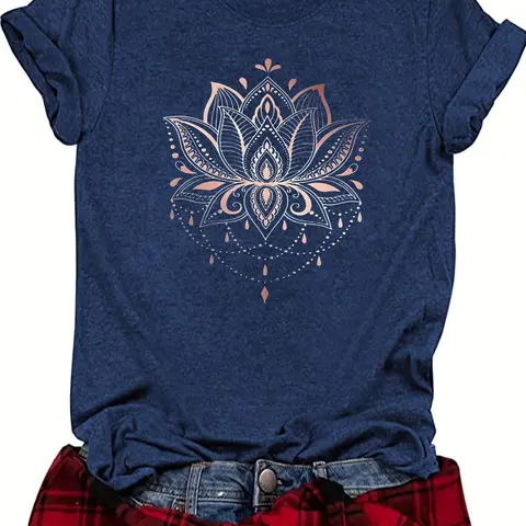 Women's Floral Print Round Neck Tee, Boho Casual Short Sleeve Crew Neck T-Shirt for Summer, Fashion Women's Top for Daily Wear, Bohemian, Everyday, Lady, Clothes Daily Wear