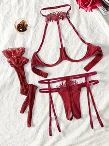 Women's sexy hollow sheer lingerie set, crotchless easy take-off underwire thong, ideal for private parties sexy curvy Underwear
