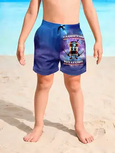 Boys' Blue Gradient Swim Trunks, Cappuccino Assassin Cartoon Print, Outdoor Cool Quick Dry Beach Shorts, Casual Fitted Knee Length, Swimwear Shorts