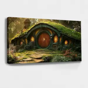 Fantasy canvas wall art Fantasy Hole Painting print Middle earth Fantasy house Book lover gift Forest landscape Large art Housewarming gift, Wrapped Framed Canvas Wall Art, Vintage Prints Poster - Framed, Horizontal Decor Room Wood Artwork