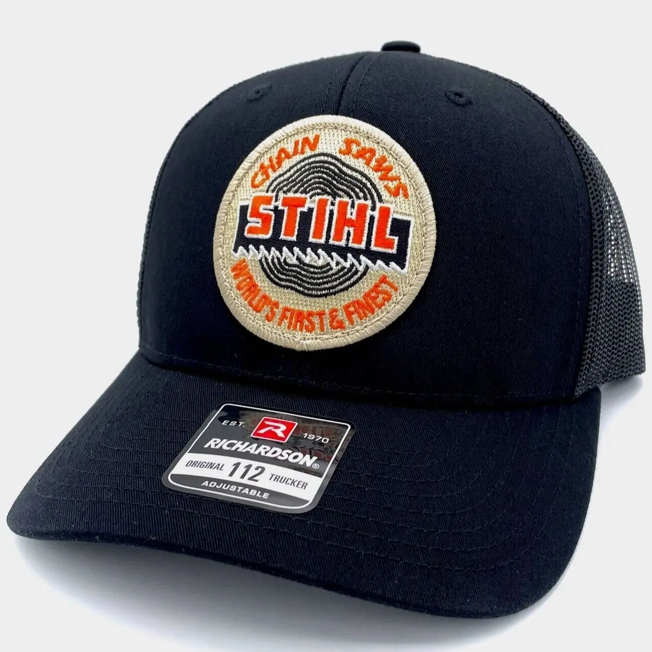 Stihl Chainsaw Vintage Patch Hat, World's Finest - Richardson 112 All Black Cap and Adjustable Fit for Men and Women
