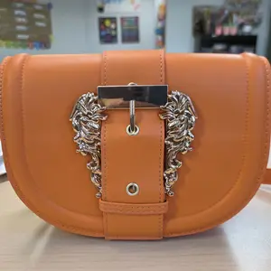 Small Orange Bag with Silver Lion Buckle and Leather Strap for Everyday Use